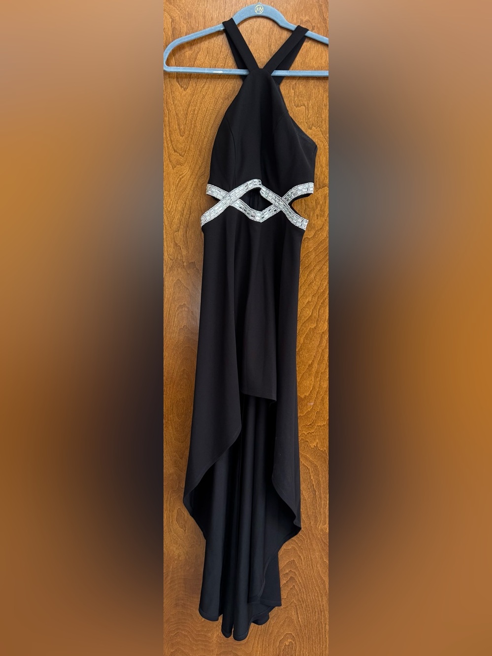 Black Halter Maxi Dress high low style size 5. Worn once. Deodorant marks